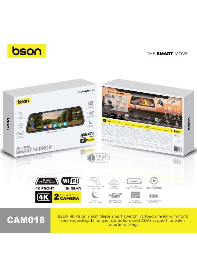 BSON 4K Rear View Mirror Dash Cam, 10 Inch Touch Screen Car Camera, Front and Rear Dual Lens Driving Recorder, ADAS, Blind Spot Detection, Loop Recording, Parking Monitor, Wide Angle Dashboard Camera - Image 2