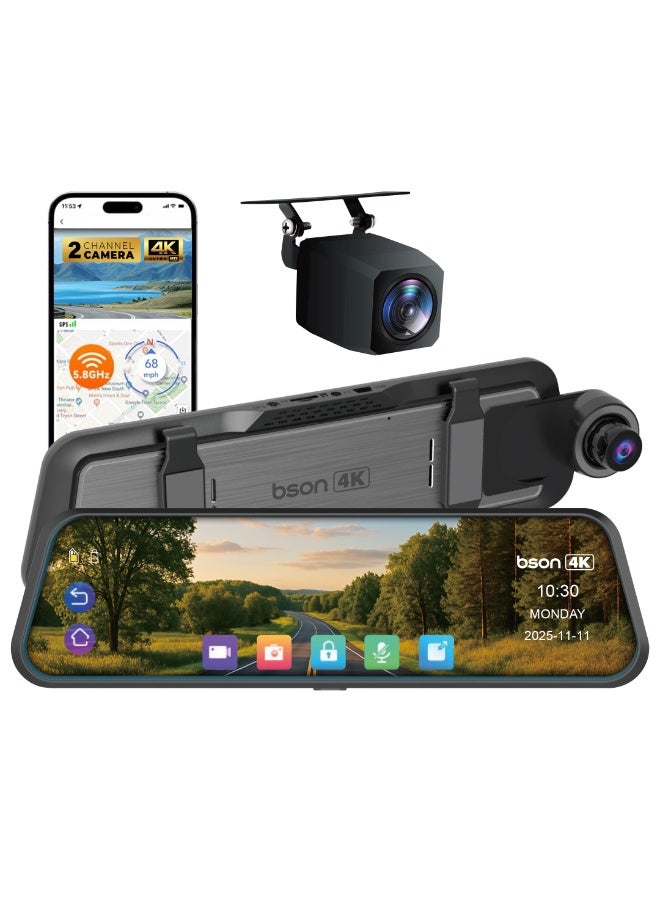BSON 4K Rear View Mirror Dash Cam, 10 Inch Touch Screen Car Camera, Front and Rear Dual Lens Driving Recorder, ADAS, Blind Spot Detection, Loop Recording, Parking Monitor, Wide Angle Dashboard Camera - Image 1