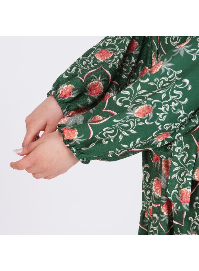 Linelle Green and Pink Printed Tiered Maxi Dress – Mandarin Collar with Elastic Cuffs - Image 5