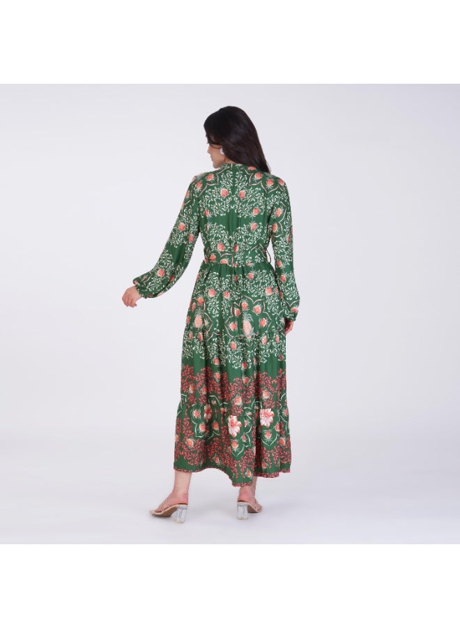 Linelle Green and Pink Printed Tiered Maxi Dress – Mandarin Collar with Elastic Cuffs - Image 1