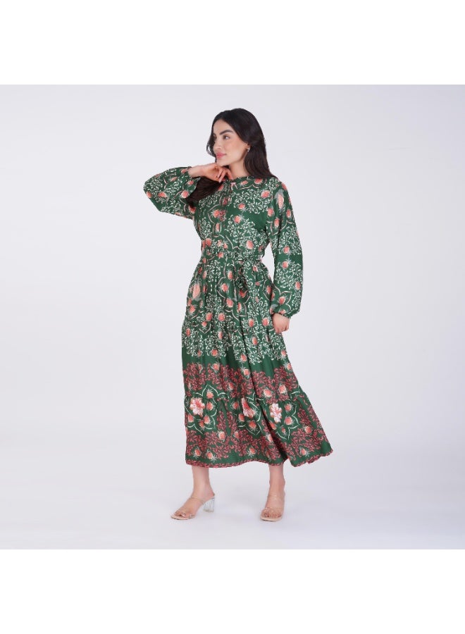 Linelle Green and Pink Printed Tiered Maxi Dress – Mandarin Collar with Elastic Cuffs - Image 2