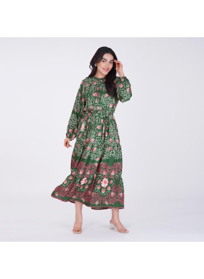 Linelle Green and Pink Printed Tiered Maxi Dress – Mandarin Collar with Elastic Cuffs - Image 3