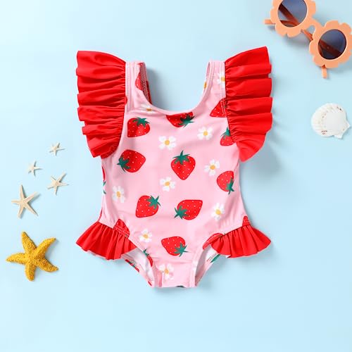 MAMAMI Newborn Baby Girl Ruffle Swimsuit Infant Toddler One Piece Floral Bikini Beach Bathing Swimwear Set(L2-Strawberry,12-18 Months) - Image 2