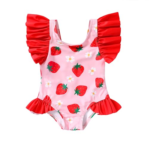 MAMAMI Newborn Baby Girl Ruffle Swimsuit Infant Toddler One Piece Floral Bikini Beach Bathing Swimwear Set(L2-Strawberry,12-18 Months) - Image 1