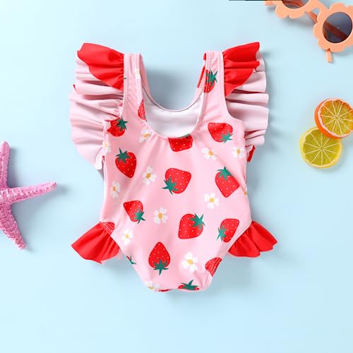 MAMAMI Newborn Baby Girl Ruffle Swimsuit Infant Toddler One Piece Floral Bikini Beach Bathing Swimwear Set(L2-Strawberry,12-18 Months) - Image 3