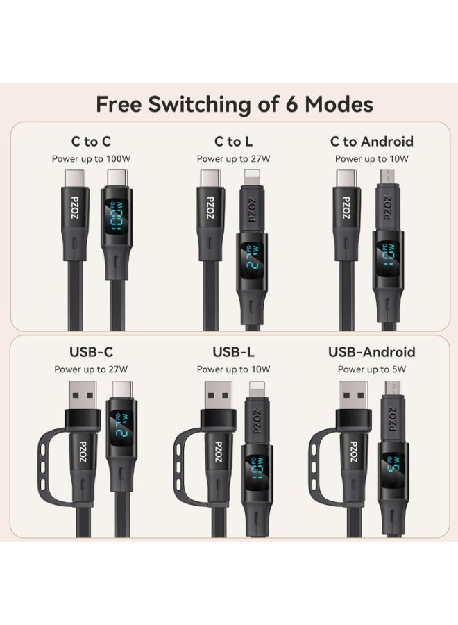 PZOZ 100W Retractable Type C Cable with LED Display, USB C Multi in 1 Charging Cable with Lightning Micro Adapter Ports for iPhone 16 15 iPad Mac Samsung, Stickable Desktop Management Cord (1.5M) - Image 4