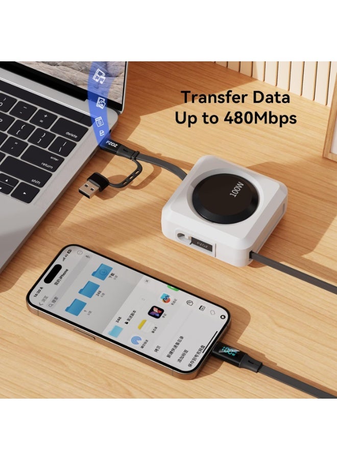 PZOZ 100W Retractable Type C Cable with LED Display, USB C Multi in 1 Charging Cable with Lightning Micro Adapter Ports for iPhone 16 15 iPad Mac Samsung, Stickable Desktop Management Cord (1.5M) - Image 2
