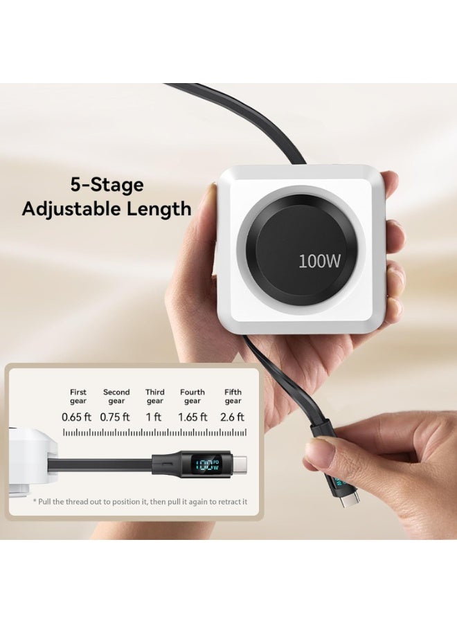 PZOZ 100W Retractable Type C Cable with LED Display, USB C Multi in 1 Charging Cable with Lightning Micro Adapter Ports for iPhone 16 15 iPad Mac Samsung, Stickable Desktop Management Cord (1.5M) - Image 3