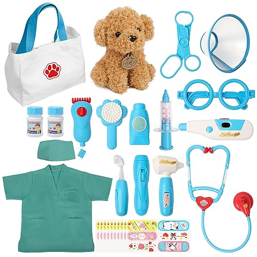 Liberry Doctor Kit for Toddlers 3 4 5 6 Years Old 28 Pcs Kids Doctor Playset with Dog Toy Stethoscope and Dress Up Costume Pretend Play Medical Christmas Gift for Boys Girls Blue - Image 1