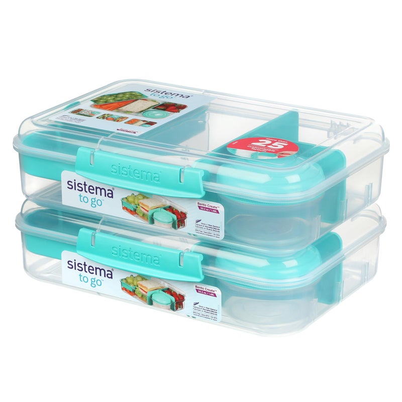 سيستيما Sistema Bento إنشاء لزيار حاوية تخزين الطعام 6 كوب من Bento مع غطاء ومقاطع 2 Pack Minty Teal - Image 1