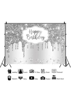 DORCEV 10X8Ft Happy Birthday Backdrop Silver Glitter Sparkle Sequins Luxury Dreamlike Photography Background For Elegant Woman Girly Birthday Party Banner Decor Video Shooting Vinyl Studio Props  - Image 2