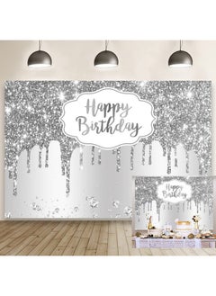 DORCEV 10X8Ft Happy Birthday Backdrop Silver Glitter Sparkle Sequins Luxury Dreamlike Photography Background For Elegant Woman Girly Birthday Party Banner Decor Video Shooting Vinyl Studio Props  - Image 1