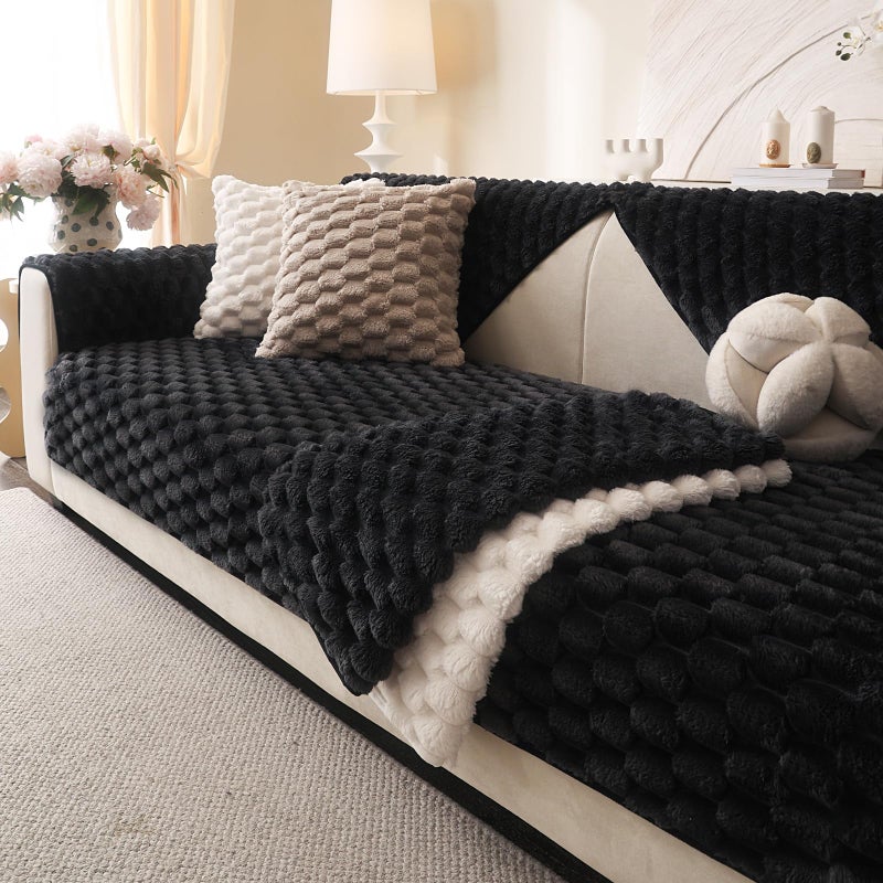 Aucrovee Soft Plush Faux Fur Couch Cover, Fluffy Non Slip Sectional Sofa Covers for 3 Cushion Couch, Furniture Protector Sofa Slipcover(1 PCS 36"x82" Black) - Image 1