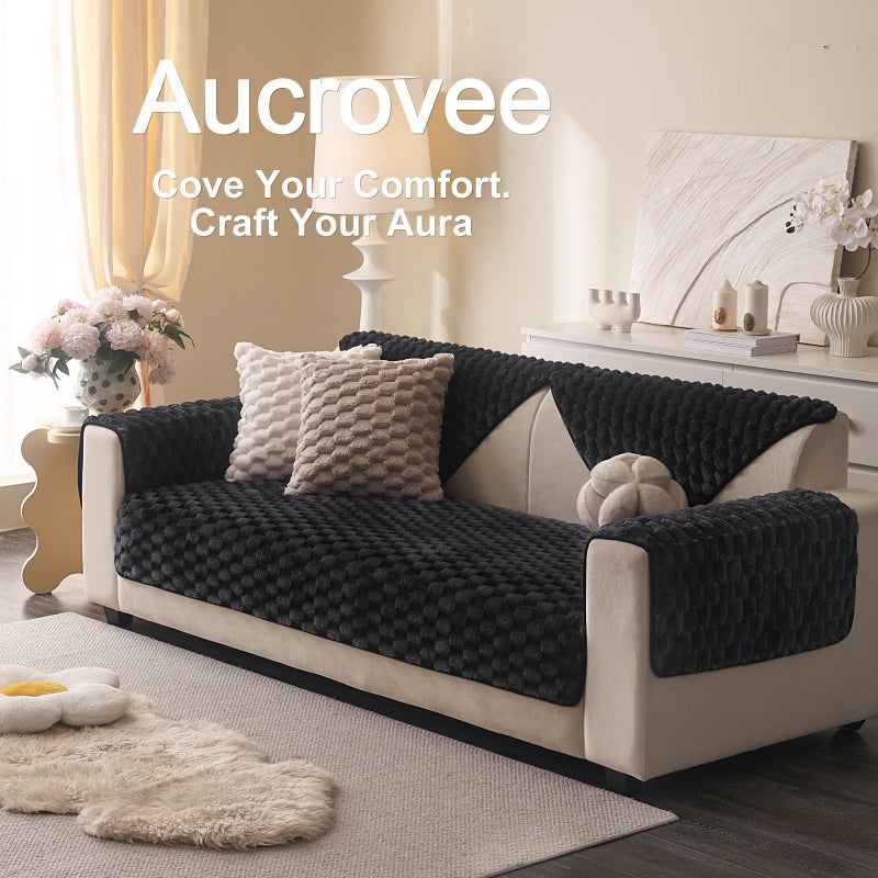 Aucrovee Soft Plush Faux Fur Couch Cover, Fluffy Non Slip Sectional Sofa Covers for 3 Cushion Couch, Furniture Protector Sofa Slipcover(1 PCS 36"x82" Black) - Image 3