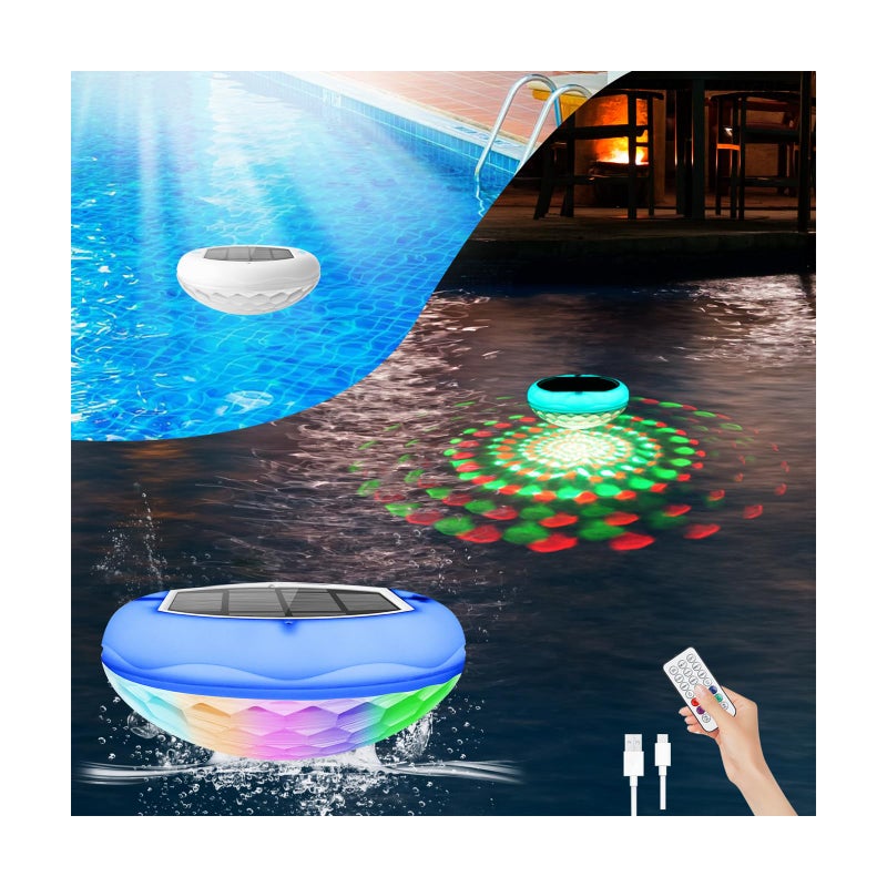 BOXPSII Solar Pool Lights, 2600mAh USB Rechargeable Floating Pool Lights, 6.7" IP68 Waterproof Solar Floating Light with Remote, RGB 13 Colors Upper and Lower Glow Hangable Light for Path, Hot Tubs 1 PCS - Image 1