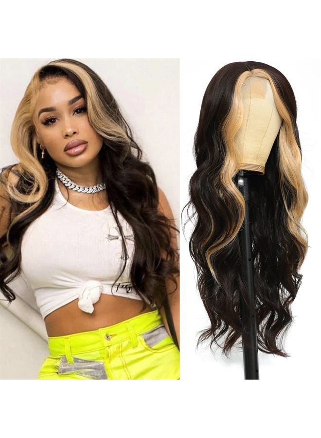 XCCOCO Long Wavy Wigs for Women Black Highlighted Wig Body Wave Synthetic Lace Wig 28inch Black Wig with Blonde Streaks Highlight Wig Heat Resistant Curly Wavy Side Part Wig - Image 1