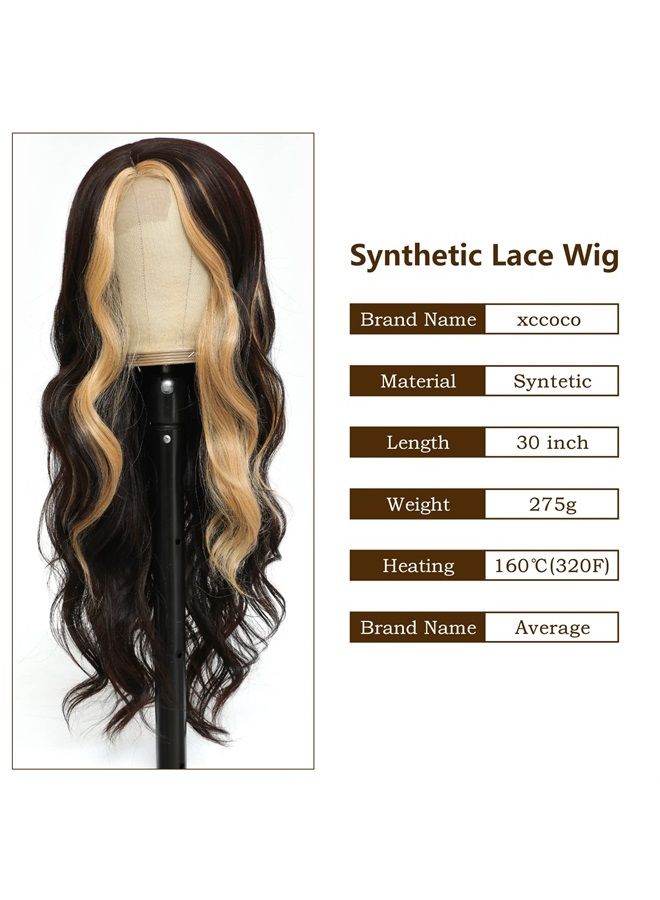 XCCOCO Long Wavy Wigs for Women Black Highlighted Wig Body Wave Synthetic Lace Wig 28inch Black Wig with Blonde Streaks Highlight Wig Heat Resistant Curly Wavy Side Part Wig - Image 2