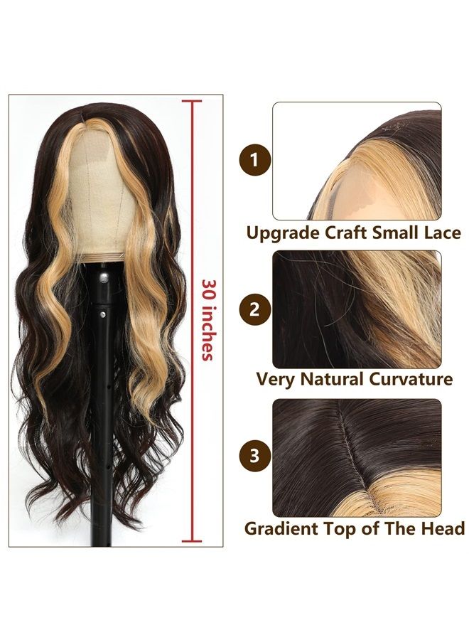XCCOCO Long Wavy Wigs for Women Black Highlighted Wig Body Wave Synthetic Lace Wig 28inch Black Wig with Blonde Streaks Highlight Wig Heat Resistant Curly Wavy Side Part Wig - Image 4