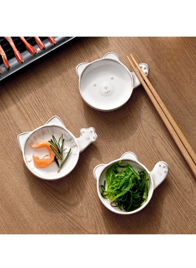 3 Pcs Cute Soy Sauce Dipping Bowls, Small Ceramic Dipping Dishes, Mini Cat/BearShape Sushi Tray with Chopstick Holder Tableware for Seasoning Oil Vinegar Ketchup Wasabi, Japanese Style - Image 1