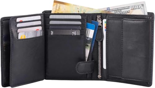 DiLoro Mens Wallet RFID Blocking Genuine Full Grain Leather Bifold Wallet with Flip ID Coin and Secure Zip Compartment Extra Large (Black Nappa) - Image 3