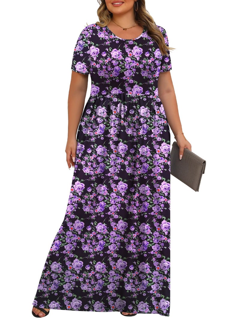 Tencede Womens Plus Size Maxi Dresses Summer 2026 Casual Short Sleeve with Pockets Long Dress Purple Flower 3X - Image 3
