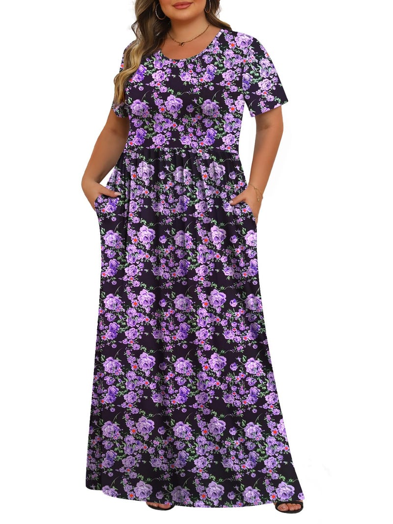 Tencede Womens Plus Size Maxi Dresses Summer 2026 Casual Short Sleeve with Pockets Long Dress Purple Flower 3X - Image 1