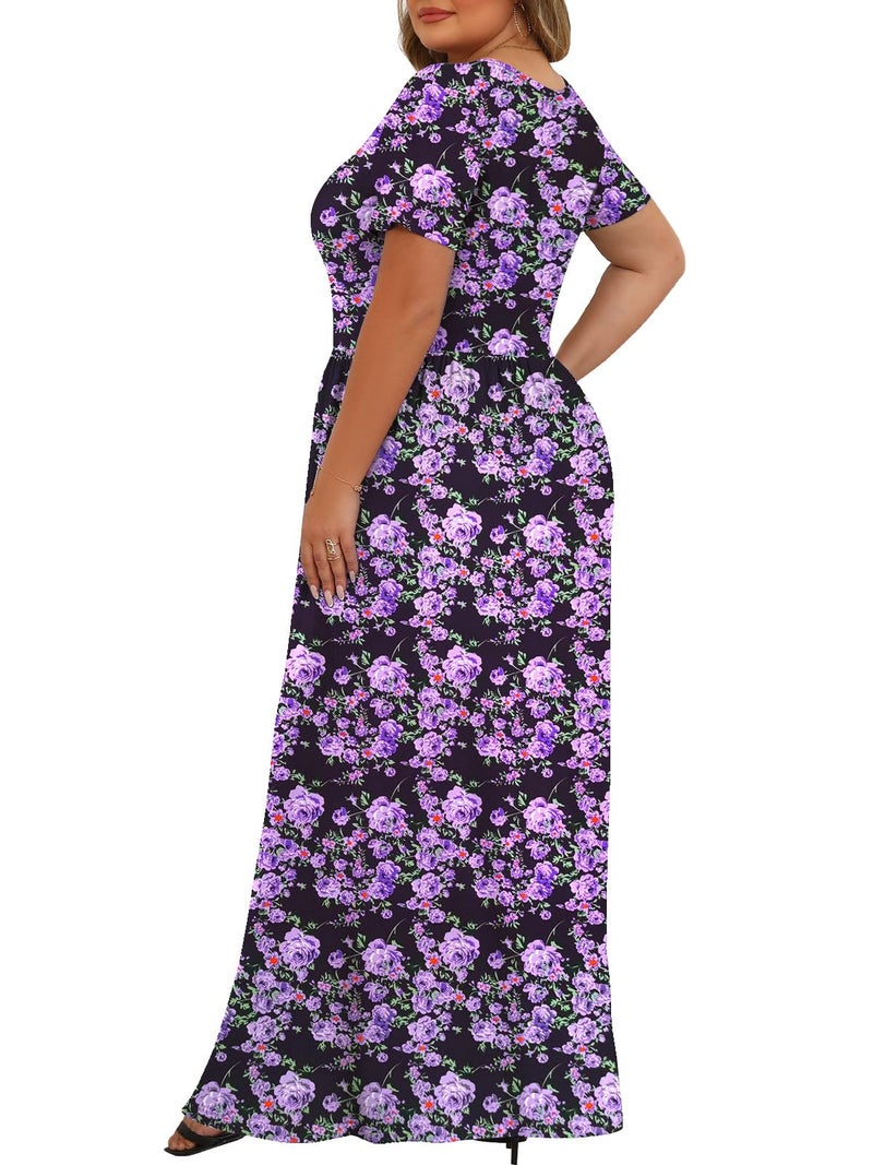 Tencede Womens Plus Size Maxi Dresses Summer 2026 Casual Short Sleeve with Pockets Long Dress Purple Flower 3X - Image 4