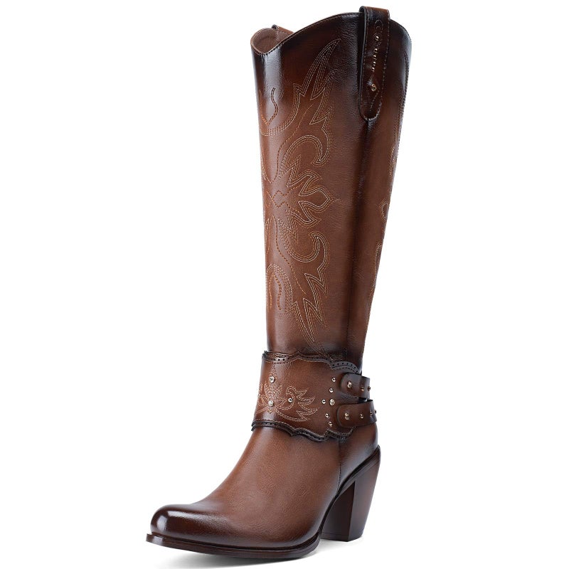 Rollda Cowboy Boots for Women, Cowgirl Boots Knee High, Ladies Tall Western Boots Rounded Toe Chunky Heel Pull on Zipper for Country Concert Party Women Boots Brown Size 9 - Image 1