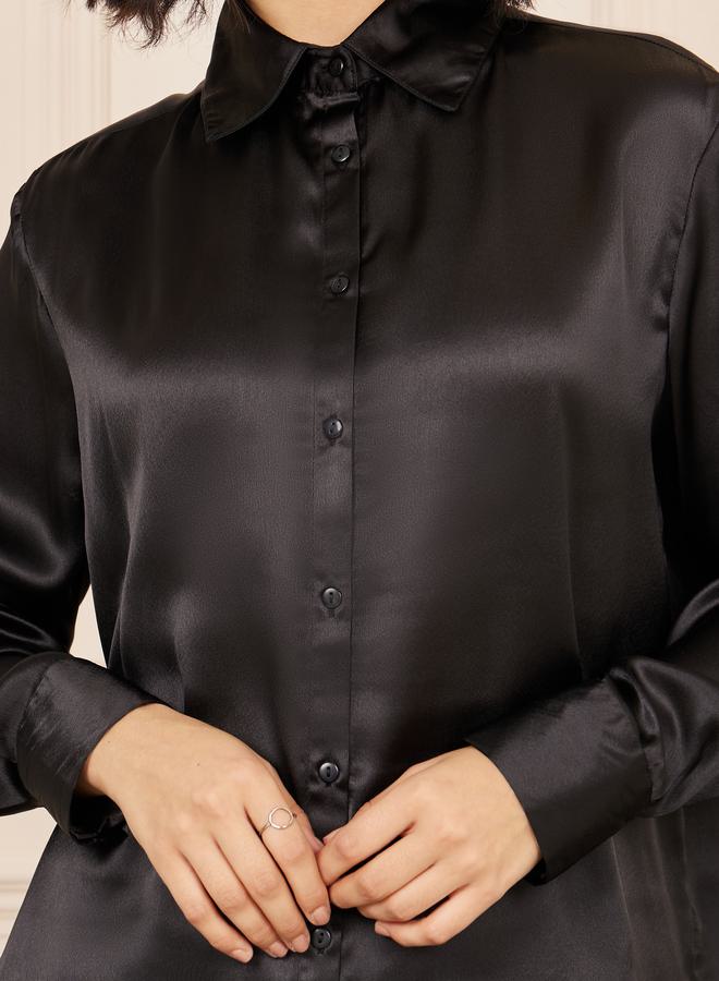 ستايلي قميص طويل ساتان بقصة مريحة - Image 4