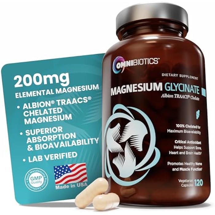 OmniBiotics Magnesium Glycinate Supplement – with 100% Pure Albion TRAACS Bisglycinate Chelate for Sleep, Muscle, Nerve & Heart Health – 120 Vegan Capsules - Image 1