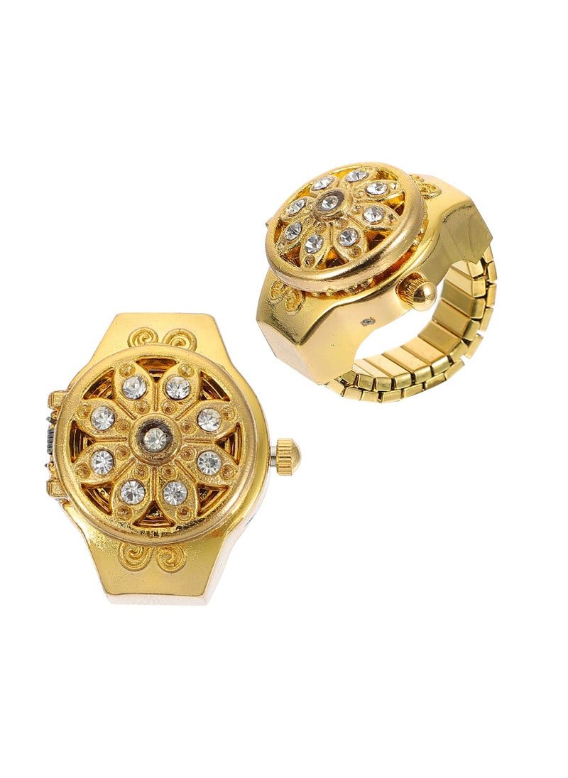 SYOSI - SYOSI Vintage Finger Ring Watches Zinc Alloy Round Ring Watch Decorative Diamond Watch for Men Women (Golden Flip Open Watch) - 2Pcs - Image 1