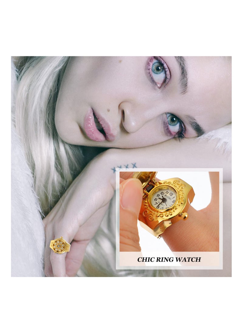 SYOSI - SYOSI Vintage Finger Ring Watches Zinc Alloy Round Ring Watch Decorative Diamond Watch for Men Women (Golden Flip Open Watch) - 2Pcs - Image 1