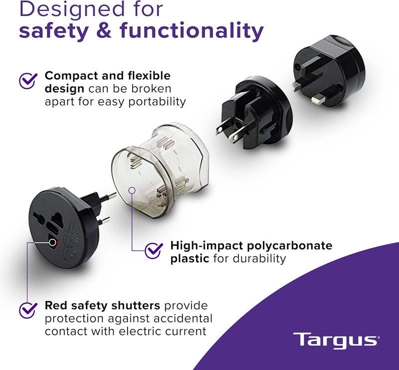 targus Universal Travel Adapter, International Plug Adapter, Travel Worldwide Power Adapters for Europe, UK, Asia, Africa, LAC, MENA, & USA, Travel Plug Adapter and Voltage Converter (APK01US1) - Image 2