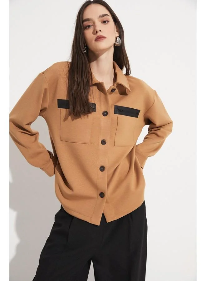 JUNE June Zipper Detailed Viscose Blend Shirt Jacket Tan