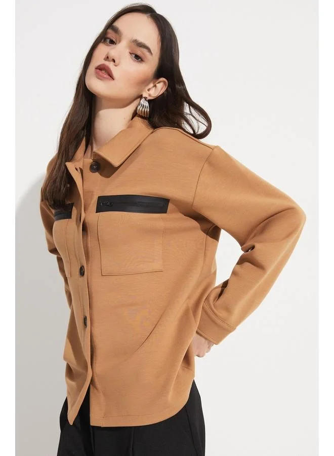 JUNE June Zipper Detailed Viscose Blend Shirt Jacket Tan