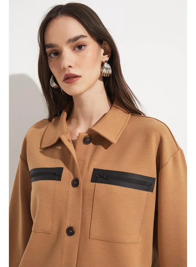 JUNE June Zipper Detailed Viscose Blend Shirt Jacket Tan