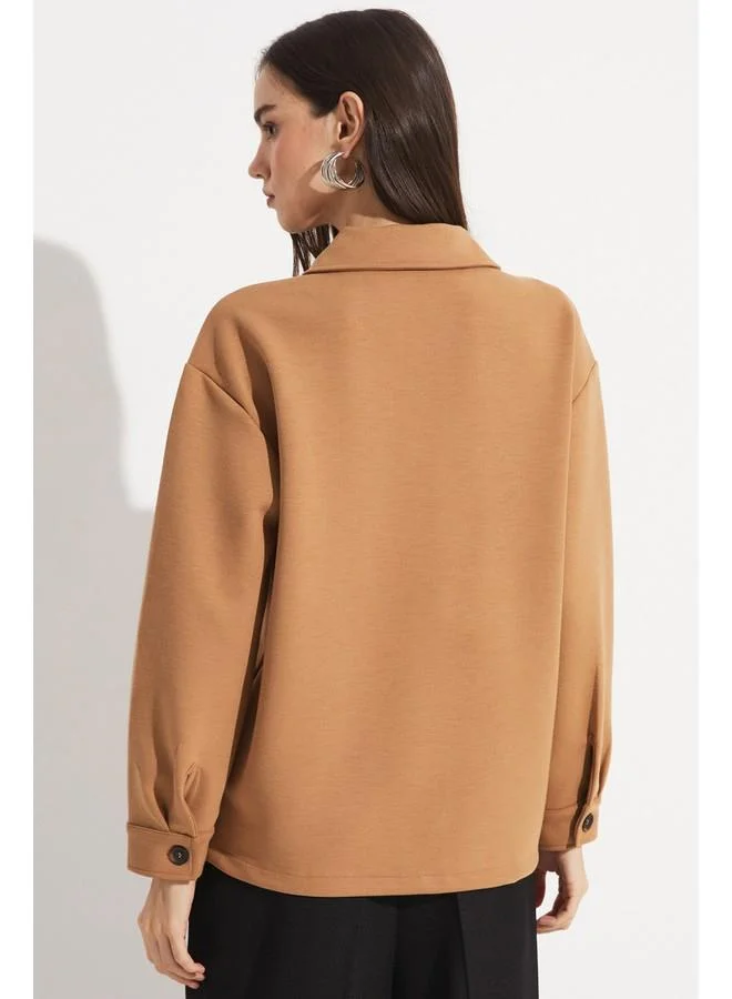 JUNE June Zipper Detailed Viscose Blend Shirt Jacket Tan