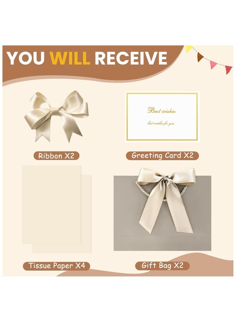 2PCS Champagne Color Large Gift Bags, Paper Bags with Ribbon, Greeting Cards and Tissue Paper, Portable Party Bags with Handles, Birthday Gift Bags, Present Bags for Wedding Party, Party Supplies(32*25*11CM) - Image 5