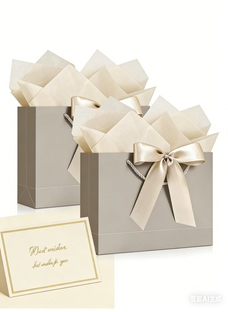 2PCS Champagne Color Large Gift Bags, Paper Bags with Ribbon, Greeting Cards and Tissue Paper, Portable Party Bags with Handles, Birthday Gift Bags, Present Bags for Wedding Party, Party Supplies(32*25*11CM) - Image 1