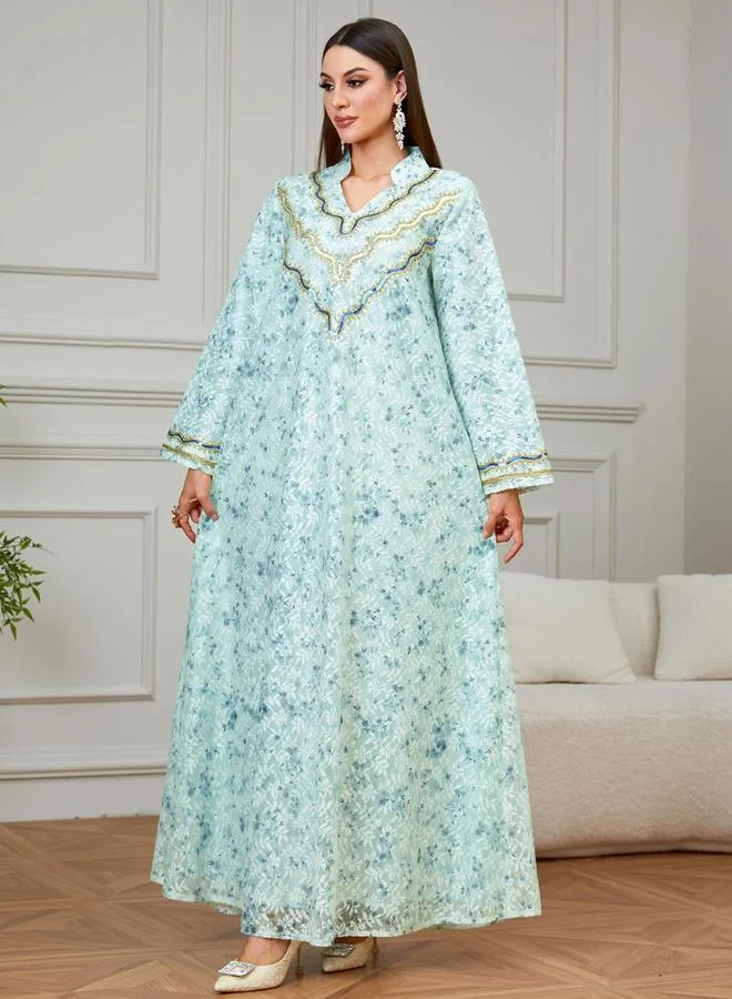 Take Two Green Embroidered Floral Print A-Line Jalabiya