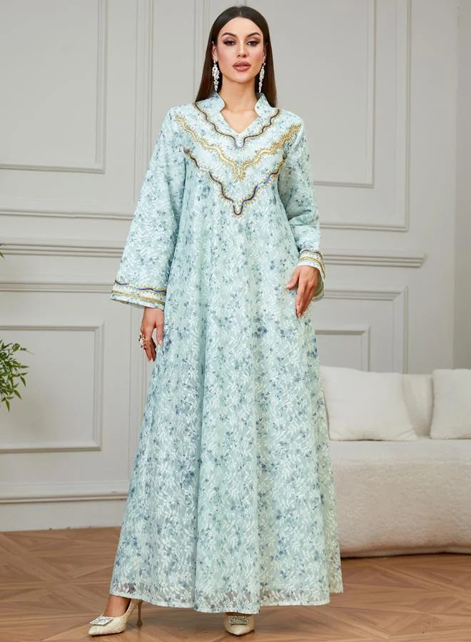 Take Two Green Embroidered Floral Print A-Line Jalabiya