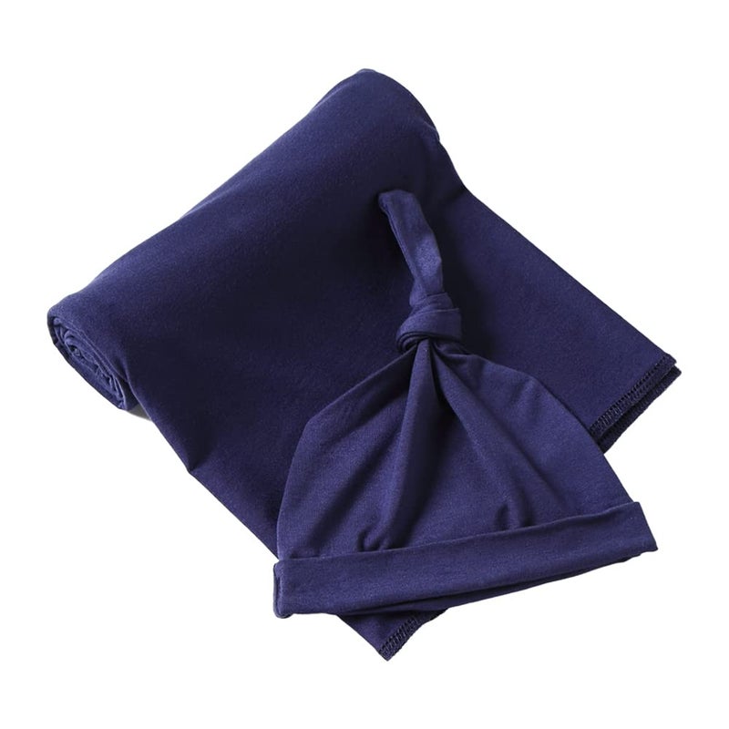 iEvolve Cotton Knitted Baby Swaddle Blanket with Hat Headband Set Newborn Swaddle Wrap Receiving Blankets for Baby Girl Boy 35" x 35"(Navyblue) - Image 3