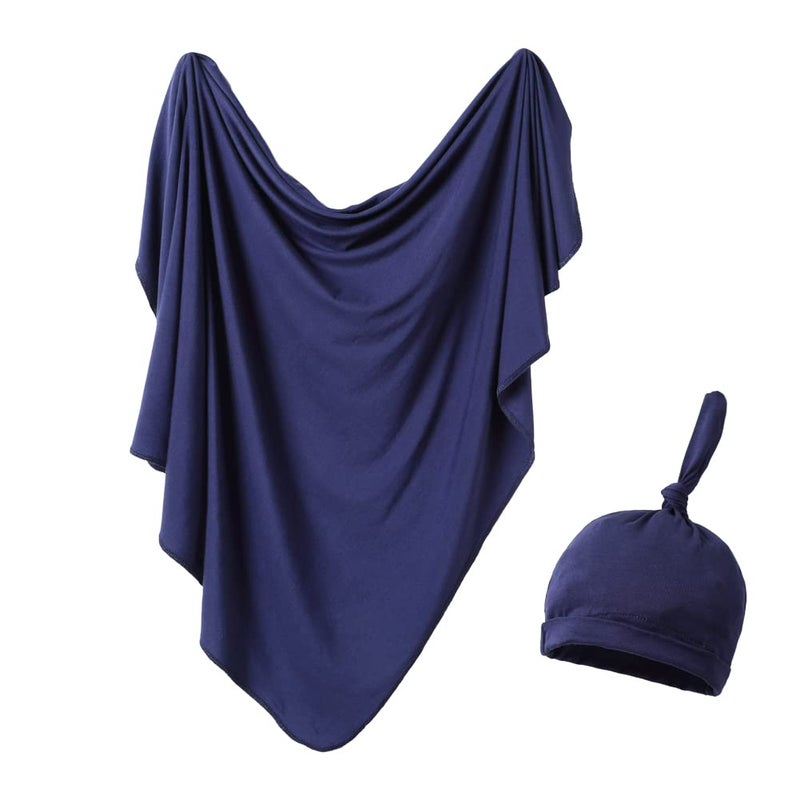 iEvolve Cotton Knitted Baby Swaddle Blanket with Hat Headband Set Newborn Swaddle Wrap Receiving Blankets for Baby Girl Boy 35" x 35"(Navyblue) - Image 1