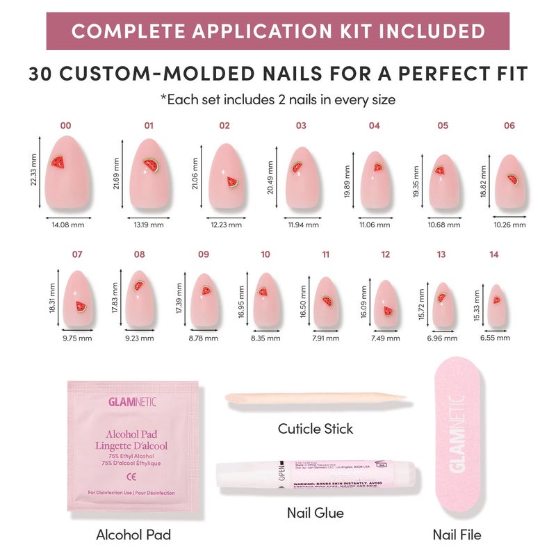 Glamnetic Press On Nails - Juicy Slice | Short Almond Fake Nails with 3D Watermelon Designs on Sheer Pink Base in Glossy Finish, Salon Quality | 15 Sizes - 30 Nail Kit with Glue - Image 4