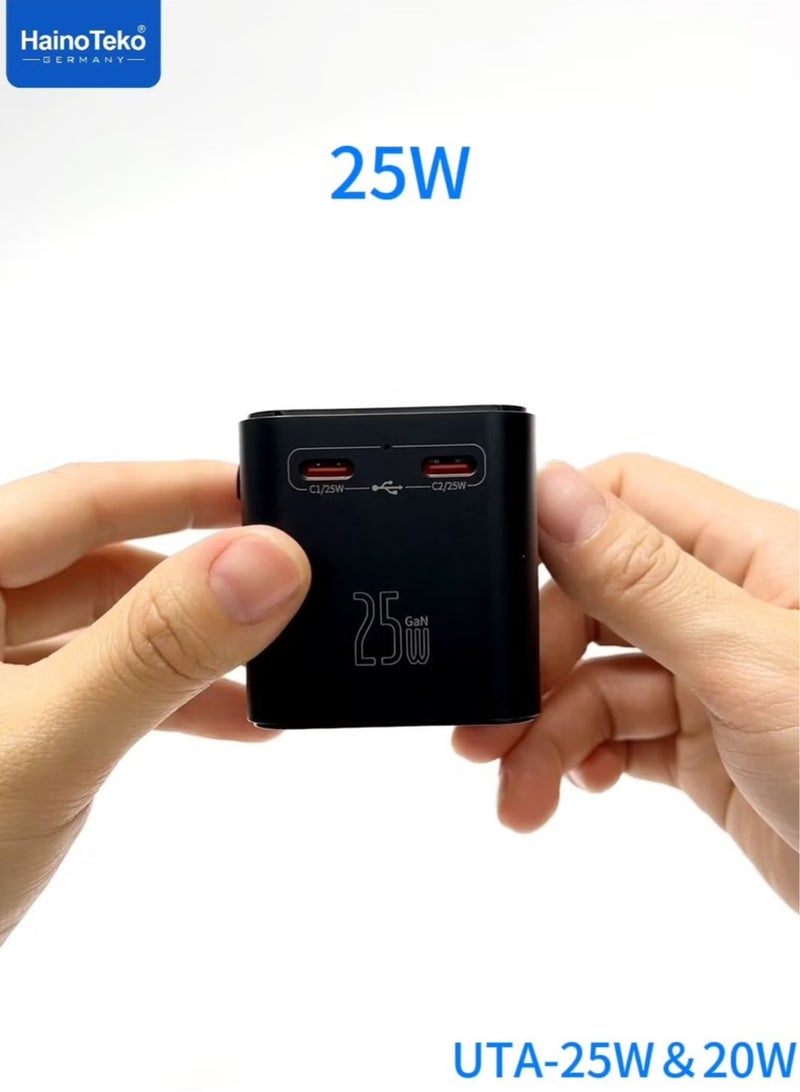 Haino Teko UTA-25W Universal Travel Adapter, 25W Fast Charging with Multi-Region Compatibility, Multiple Output Options (USB-A, USB-C), Compact & Portable – Black - Image 3