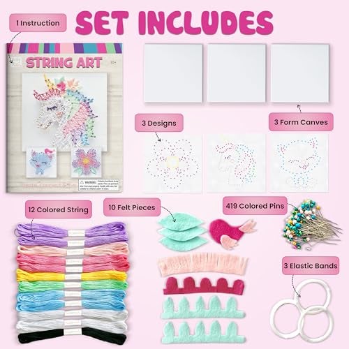 Hapinest String Art Craft Kit for Kids Ages 10-12 and Up, 3D String Art Kit Crafts for Teens, Birthday Gifts for Tween Girls Ages 10 11 12 Years Old and Up, Makes 3 Designs - Unicorn, Cat, and Flower - Image 2