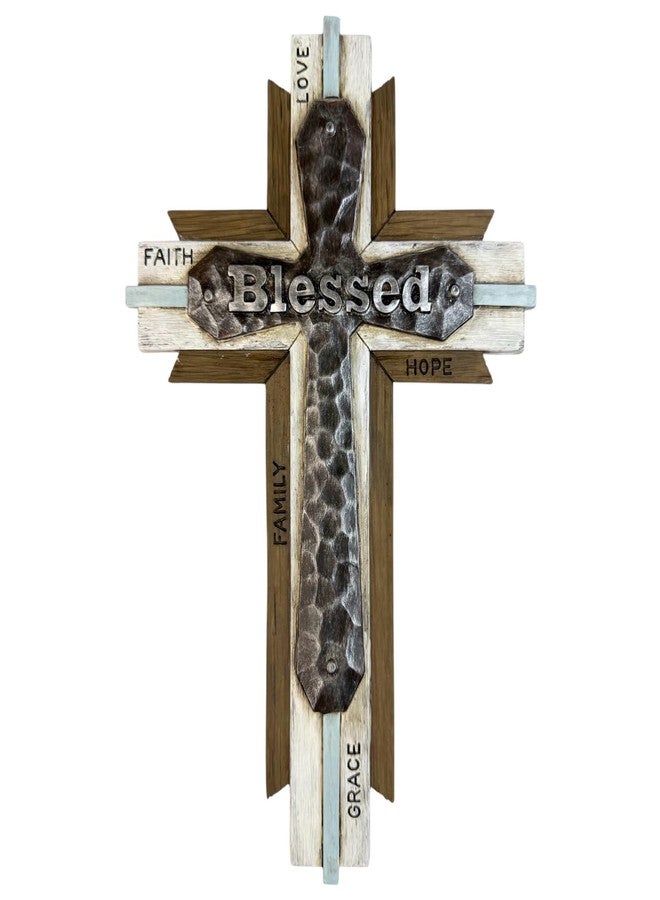 توب براس صليب جداري ريفي متعدد الطبقات - لوحة فنية بكلمة "مبارك" مع رسائل ملهمة - تصميم من الراتنج والخشب الصناعي والمعدن - 11 5/8 بوصة × 7 3/8 بوصة - ديكور منزلي مسيحي بلمسات من الإيمان والعائلة والأمل والنعمة والمحبة - Image 1