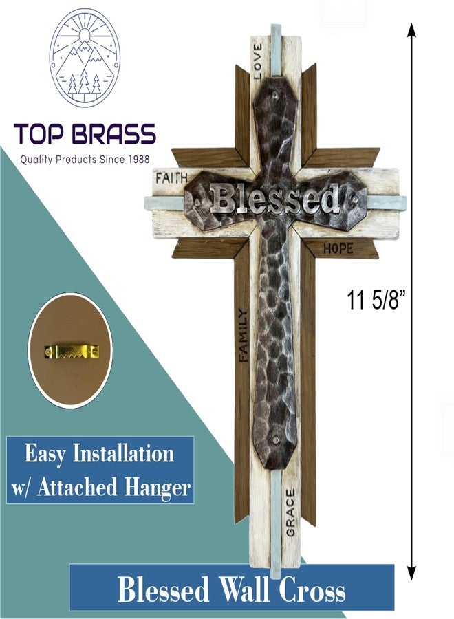 توب براس صليب جداري ريفي متعدد الطبقات - لوحة فنية بكلمة "مبارك" مع رسائل ملهمة - تصميم من الراتنج والخشب الصناعي والمعدن - 11 5/8 بوصة × 7 3/8 بوصة - ديكور منزلي مسيحي بلمسات من الإيمان والعائلة والأمل والنعمة والمحبة - Image 3
