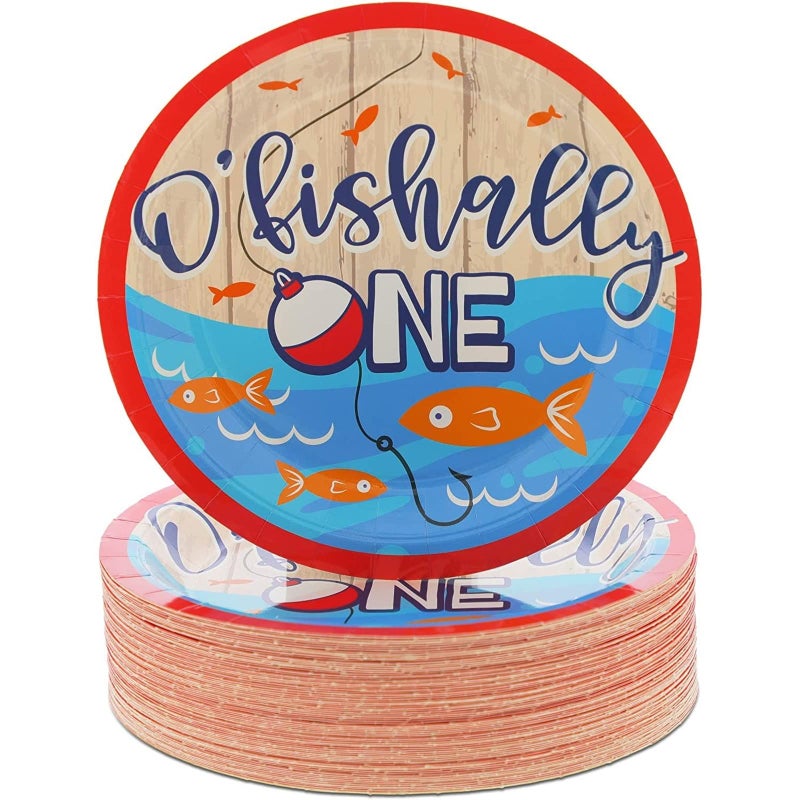 BLUE PANDA O'Fishally One Paper Plates - Heavy Duty Dinner Plates & Dessert Dishware - 1st Birthday Party Tableware & Decoration - Multicolor - 9 in - Pack of 80
