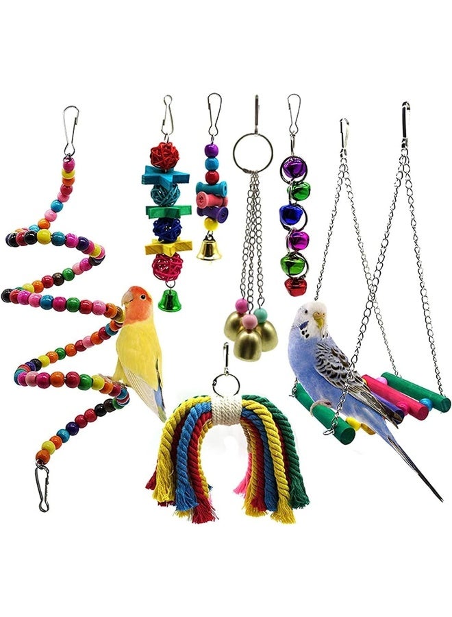 Mumoo Bear Bird Toys Parrots Toy 7pcs Hanging Swing Chewing Bell Toy for Cage Conures Parakeets Cockatiels Macaws Finches Mynah Budgies and Lovely Birds